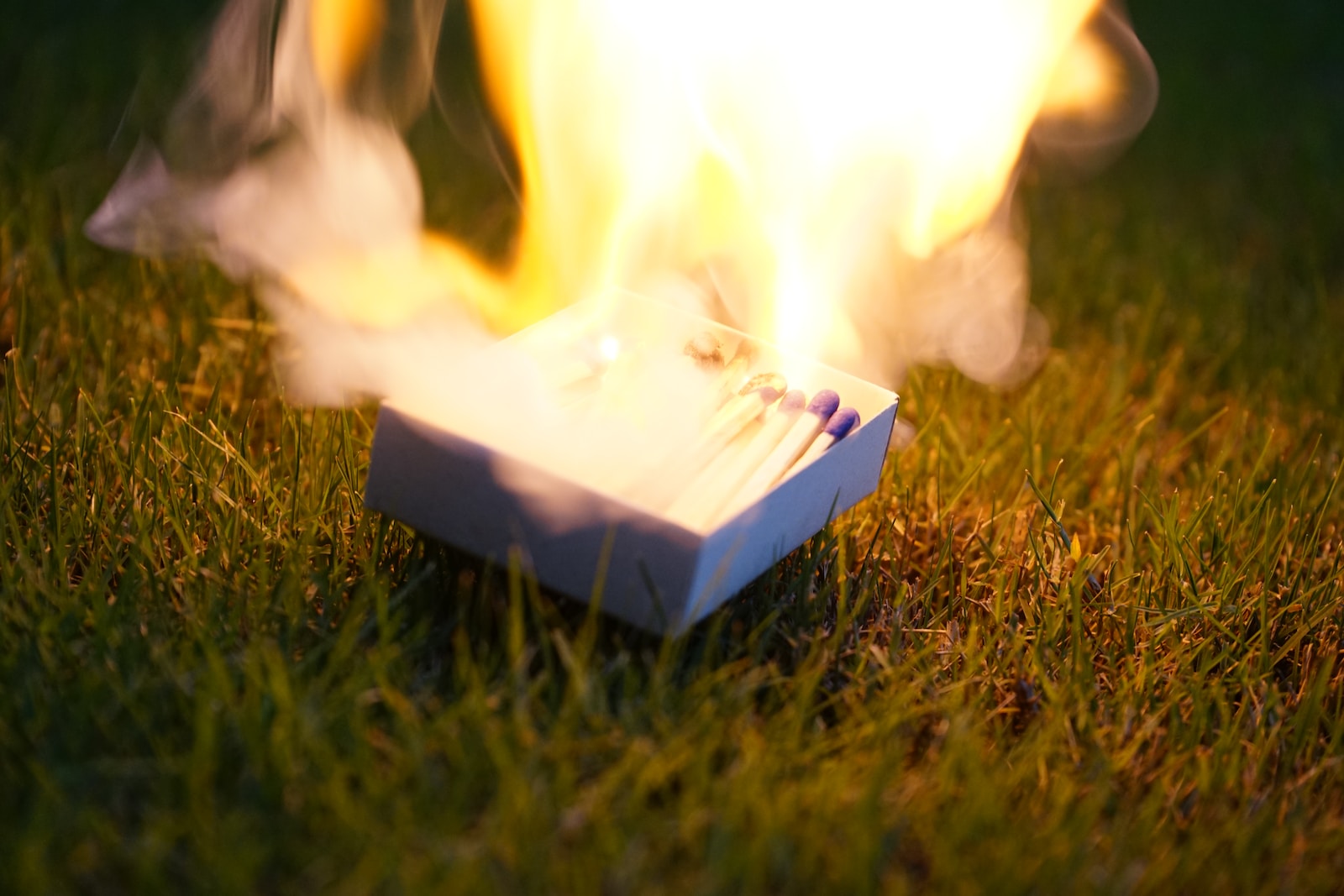 closeup photo of lighted matches on box placed on grass